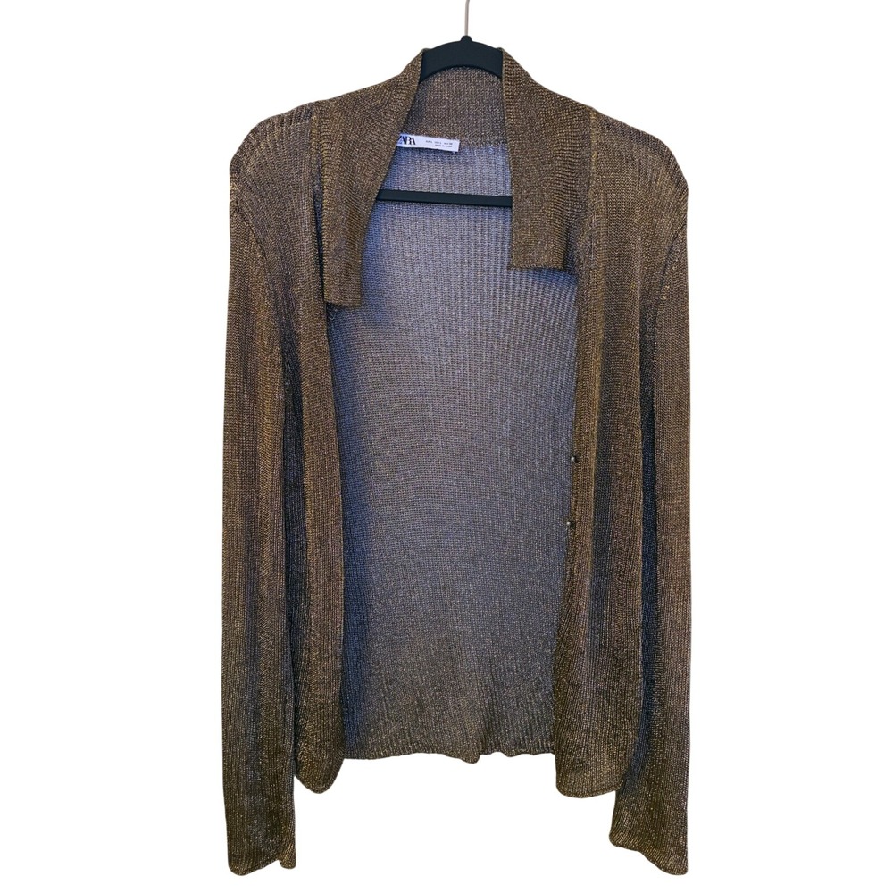 Zara Metallic Gold Bronze Knit Cardigan Pearl Studs Indie Sleaze Size L